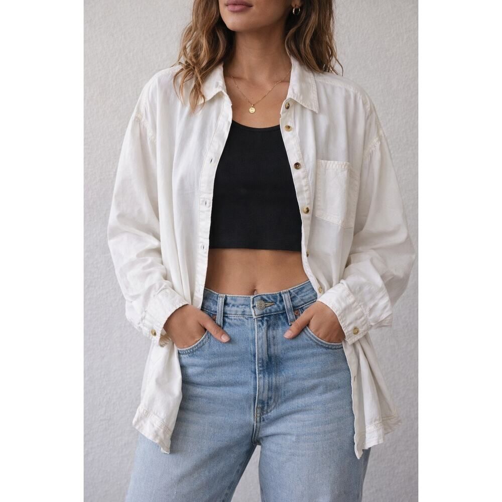 We The Free White Button‑Down Shirt Oversized Women’s L Urban Outfitters Cotton